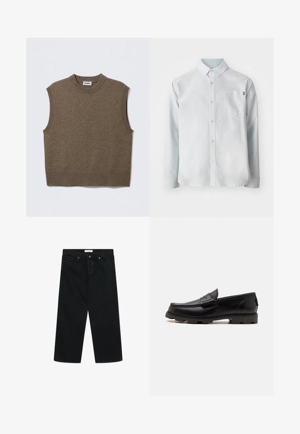 Pruun varrukateta kootud kampsun, ümar kaelus, soonikkoes ääred ja pehme tekstuur; sildil on kiri "WEEKDAY".; New Balance OXFORD - Pluus - blue; Mustad laiad mustad teksased denimkangast, millel on ees nupp sulgemiseks, vööklipid ja taskud. Sile tekstuur, minimalistlik disain.; Mustad mustad nahast moodsa välimusega kingad, millel on ümar varvas, dekoratiivne õmblus ja tekstureeritud tallaosa parema haarduvuse tagamiseks. Veidi tõstetud konts.