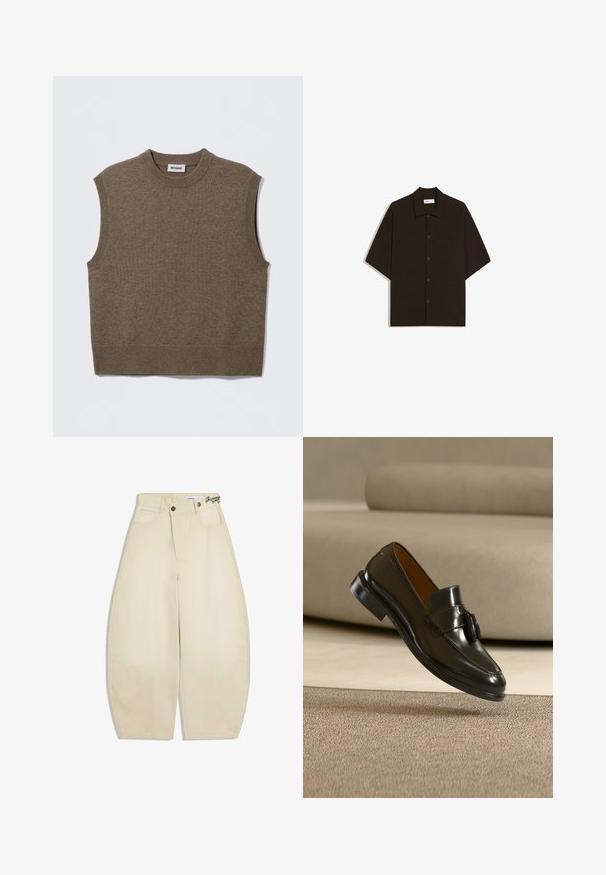 Pull sans manches marron en maille avec un col rond, des bords côtelés et une texture douce ; étiquette indiquant "WEEKDAY".; Chemise à manches courtes marron foncé avec boutons, col et poche poitrine, posée à plat sur un fond blanc.; Pantalon beige taille haute à jambes larges avec fermeture à boutons et zip, poches avant et passants pour ceinture, posé à plat sur fond blanc.; Mocassin en cuir noir avec pompons flottant au-dessus d'un tapis beige avec un canapé beige en arrière-plan.