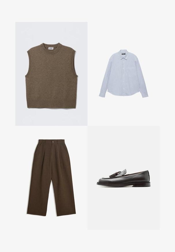 Pull sans manches marron en maille avec un col rond, des bords côtelés et une texture douce ; étiquette indiquant "WEEKDAY".; Chemise bleu clair à manches longues, boutonnée à l'avant, avec de fines rayures blanches verticales et une poche poitrine, étalée à plat sur un fond blanc.; Pantalons plissés marron au design large, avec une fermeture à bouton et des poches latérales, en tissu texturé adapté à une tenue décontractée.; Mocassin en cuir noir avec détail pompon, semelle plate et bout arrondi, présenté de profil sur fond blanc.
