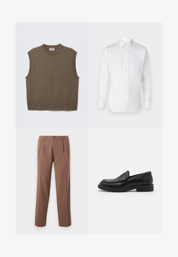 Pull sans manches marron en maille avec un col rond, des bords côtelés et une texture douce ; étiquette indiquant "WEEKDAY".; Chemise blanche à manches longues, en tissu coton lisse, avec un col classique et un subtil éclat. Cinq boutons sur le devant.; Pantalons plissés marron avec une coupe droite, dotés d'une fermeture à un bouton et d'un tissu lisse et texturé.; Mocassins en cuir noir avec un bout arrondi, des coutures ton sur ton et un détail de sangle à l'avant. Semelle en caoutchouc avec un petit talon.