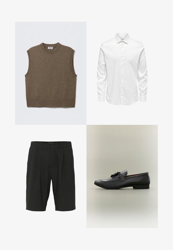 Suéter de punto marrón sin mangas con cuello redondo, bordes acanalados y textura suave; la etiqueta dice "WEEKDAY".; Camisa de vestir blanca para hombre de manga larga con cuello puntiagudo y fila frontal de botones blancos sobre un fondo liso.; Pantalones cortos negros hechos de tejido texturizado, con un corte relajado, pliegues y una cinturilla elástica para mayor comodidad.; Moccassines de cuero negro con punta redondeada, borlas decorativas y detalles de costura. Tacón plano con un perfil elegante y textura suave.