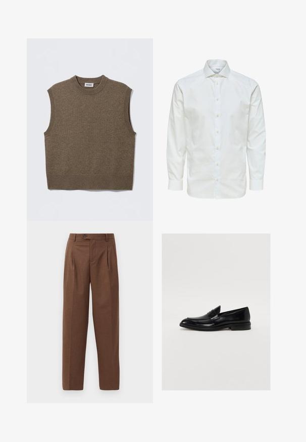 Brun ærmeløs strikket sweater med rund halsudskæring, ribbede kanter og blød tekstur; mærket siger "WEEKDAY".; Hvid skjorte med lange ærmer med knaplukning foran og spids krave, vist mod en hvid baggrund.; Brune skræddersyede bukser med lige pasform, synlige folder, forlommer og en enkelt knaplukning i taljen. Glat tekstur.; Sorte læder loafers med rund tå, subtil syning og en glat overflade. Har en lav stablet hæl og en strop over vamsen.