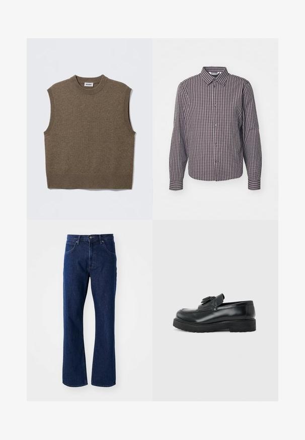 Brauner, ärmelloser Strickpullover mit rundem Ausschnitt, gerippten Kanten und weicher Textur; Etikett trägt die Aufschrift "WEEKDAY."; Langarmhemd mit Knopfleiste, vertikal und horizontal gestreiftes Muster in Marineblau und Burgunderrot, mit Kragen und zwei vorderen Knöpfen.; Dunkelblaue gerade geschnittene Jeans mit Knopf- und Reißverschluss, Gürtelschlaufen und Fronttaschen vor einem schlichten Hintergrund.; Schwarzer Leder-Slipper mit Quasten, dicke Gummisohle und niedrigem Absatz, im Seitenprofil vor einem einfarbigen Hintergrund gezeigt.