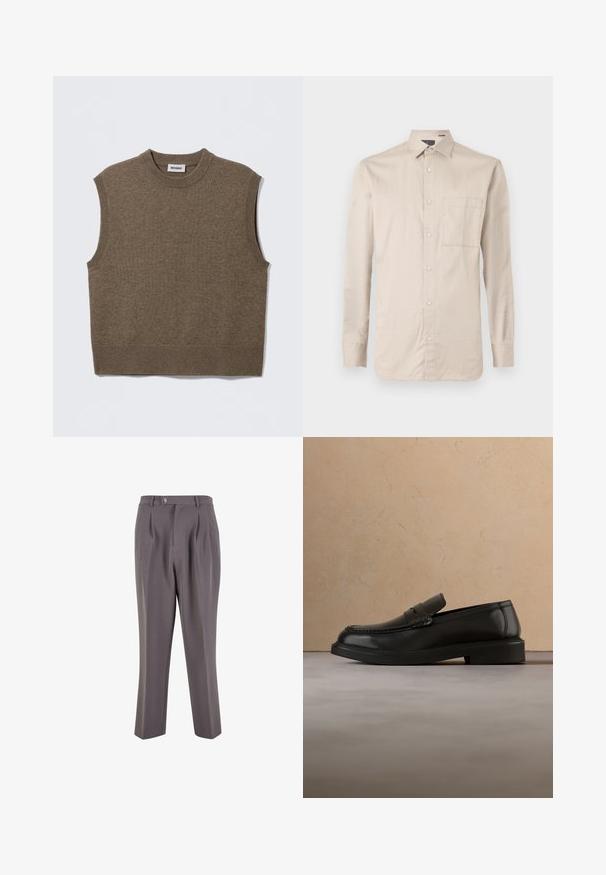 Pull sans manches marron en maille avec un col rond, des bords côtelés et une texture douce ; étiquette indiquant "WEEKDAY".; Chemise beige clair à manches longues, en tissu de coton lisse, avec un col, une poche avant et une fermeture à boutons sur le devant.; Pantalons plissés gris en tissu lisse, avec une coupe droite, une fermeture à bouton unique et des poches latérales en biais.; Mocassin en cuir noir flottant au-dessus d'un tapis tissé beige avec une table ronde en bois et un canapé en arrière-plan.