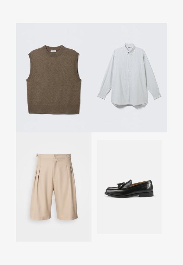 Pull sans manches marron en maille avec un col rond, des bords côtelés et une texture douce ; étiquette indiquant "WEEKDAY".; Chemise blanche à manches longues boutonnée avec fines rayures noires verticales et poche poitrine, présentée à plat sur un fond clair.; Shorts plissés beige au design ajusté, avec une texture lisse et des poches latérales, fermés par une fermeture éclair discrète à la taille.; Mocassins en cuir noir avec un accent de gland, un bout arrondi et une finition lisse. La semelle est plate avec un motif de trottoir minimal.