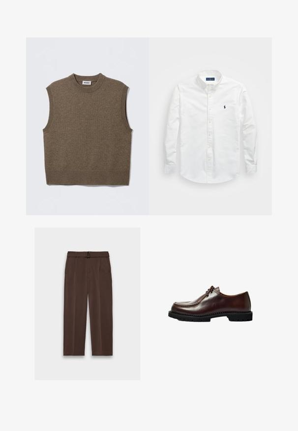Pull sans manches marron en maille avec un col rond, des bords côtelés et une texture douce ; étiquette indiquant "WEEKDAY".; Chemise blanche à manches longues en coton. Dotée d'un col pointu, de longues manches et d'un petit logo navy sur la poitrine. Texture lisse.; Pantalon marron avec une ceinture, présentant une taille haute, un devant plissé et des poches latérales ; fabriqué en tissu lisse et texturé.; Chaussure en cuir marron avec un bout arrondi, des détails cousus et une semelle en caoutchouc noir avec un motif texturé. Design épuré.