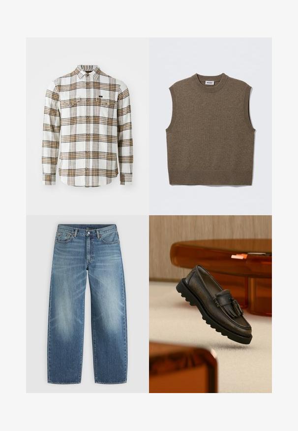 Bruine mouwloze gebreide trui met een ronde halslijn, geribbelde randen en een zachte textuur; het label draagt de tekst "WEEKDAY."; Lee CLEAN WESTERN - Overhemd - ecru ochre plaid; Blauwe spijkerbroek met rechte pijp, knoop en rits aan de voorkant, en vijfzakkenmodel.; Donkerbruine leren loafer met kwastjes, zwarte grove zool, tentoongesteld op beige tapijt naast doorschijnend oranje meubilair.