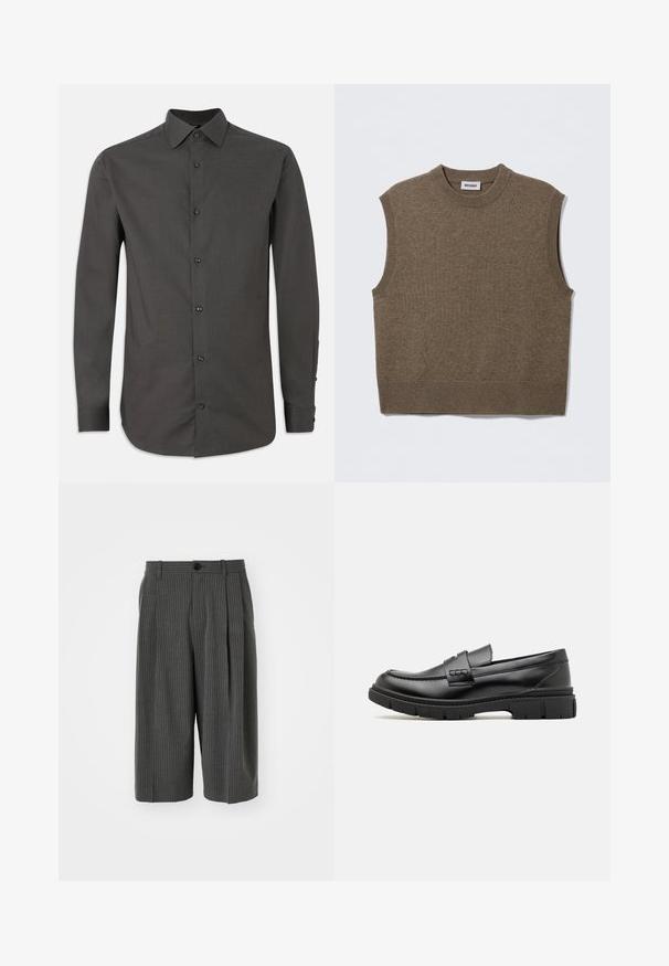 Brauner, ärmelloser Strickpullover mit rundem Ausschnitt, gerippten Kanten und weicher Textur; Etikett trägt die Aufschrift "WEEKDAY."; Dunkelgraues Langarmhemd mit Knopfleiste, strukturiertem Kragen, vorderer Knopfleiste und verstellbaren Manschetten. Glatte Stofftextur und taillierte Passform.; Graue, gestreifte, weitgeschnittene Shorts mit einem Knopfverschluss und plissiertem Vorderteil. Aus einem strukturierten Stoff gefertigt und mit einem maßgeschneiderten Design.; Schwarze Lederloafer mit einem breiten Riemen über dem Rist, Gummisohle mit dicken Profilen und glatter Textur. Klassisches, schlankes Design.