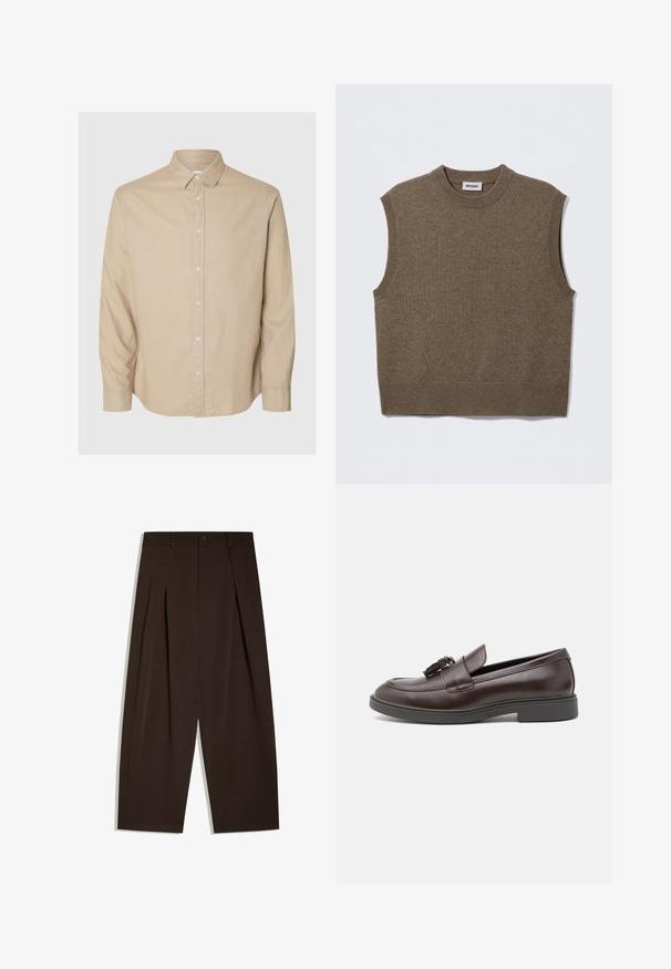Hnedý pletený sveter bez rukávov s okrúhlym výstrihom, rebrovanými okrajmi a jemnou textúrou; štítok nesie nápis "WEEKDAY."; Selected Flannel - Košeľa - pure cashmeredetail:mixed w. oatmeal; Vysoký pás, tmavohnedé široké nohavice s prednými záhybmi, pútkami na opasok, zapínaním na gombík a čistými lemami.; Hnedé kožené loafers so zaoblenou špičkou, ozdobným strapcom, prešitím a nízkym gumovým opätkom pre väčšie pohodlie.