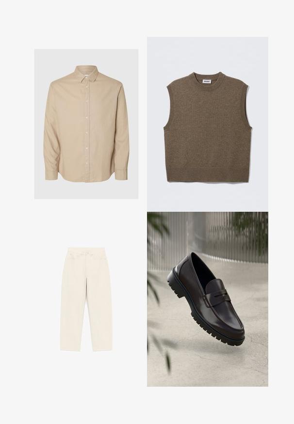 Pruun varrukateta kootud kampsun, ümar kaelus, soonikkoes ääred ja pehme tekstuur; sildil on kiri "WEEKDAY".; Selected Flannel - Pluus - pure cashmeredetail:mixed w. oatmeal; Kõrge vöökohaga beežid sirge lahendusega püksid, millel on esi-nupuga kinnis, vööaasad, kaks esist taskut ja kaks tagumist taskut.; Tumedad nahkkingad tekstureeritud, soonilise kummitaldaga. Omab elegantsest disainist ja dekoratiivset rihma üle jala.