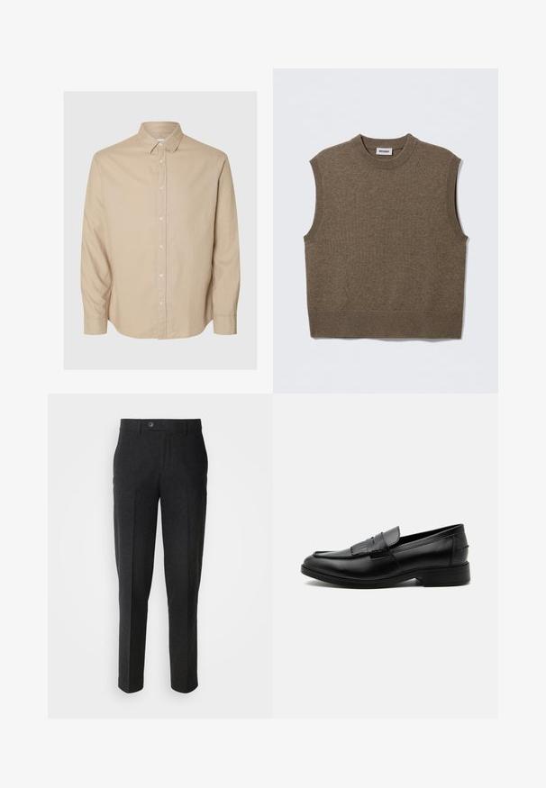 Hnedý pletený sveter bez rukávov s okrúhlym výstrihom, rebrovanými okrajmi a jemnou textúrou; štítok nesie nápis "WEEKDAY."; Selected Flannel - Košeľa - pure cashmeredetail:mixed w. oatmeal; Lindbergh Nohavice - black melange; Čierny kožený pánsky mokasín s detailom strapcov, zaoblenou špičkou, nízkym podpätkom a hladkým lešteným povrchom, zobrazený zboku na bielom pozadí.