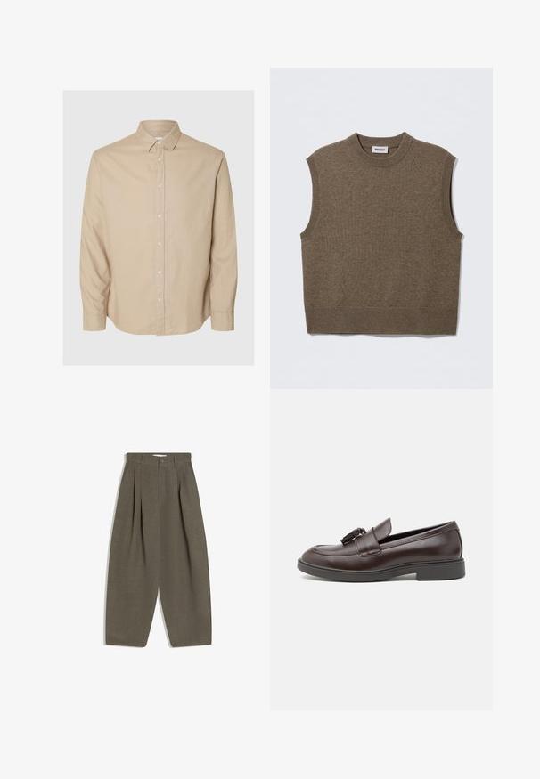 Brauner, ärmelloser Strickpullover mit rundem Ausschnitt, gerippten Kanten und weicher Textur; Etikett trägt die Aufschrift "WEEKDAY."; Selected Flannel - Hemd - pure cashmeredetail:mixed w. oatmeal; Faltenhose aus einem gedeckten olivgrünen Stoff, mit hoher Taille, weitem Bein und einer einzelnen vorderen Knopfleiste. Glatte Textur.; Braune Lederloafers mit runder Zehenpartie, einem dekorativen Quasten, gesteppten Details und einem niedrigen Gummihalter für zusätzlichen Komfort.