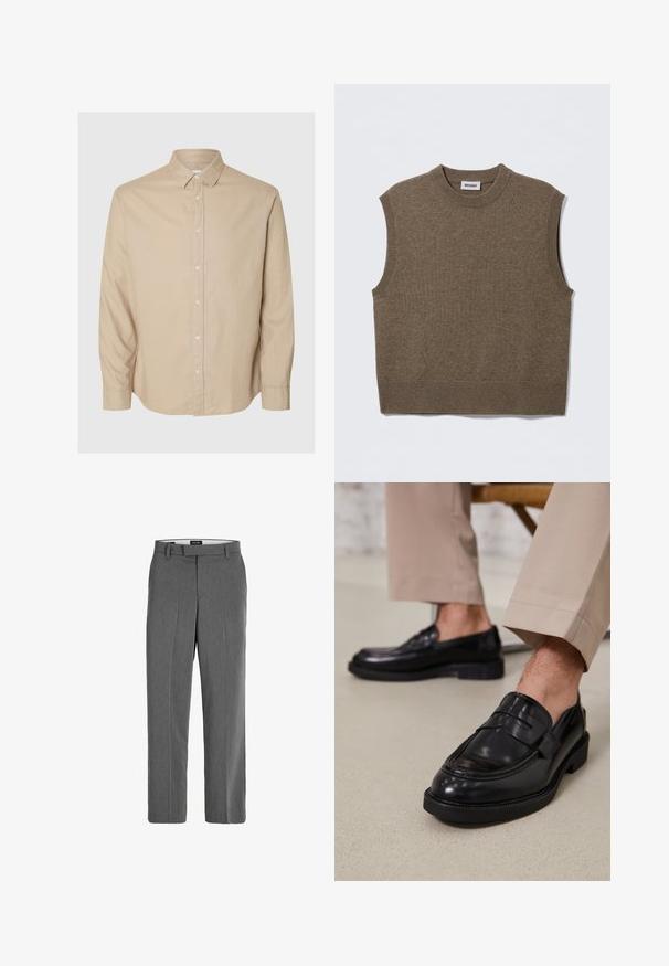 Brun ærmeløs strikket sweater med rund halsudskæring, ribbede kanter og blød tekstur; mærket siger "WEEKDAY".; Selected Flannel - Skjorter - pure cashmeredetail:mixed w. oatmeal; Grå bukser med en glat tekstur, lige ben-design og subtilt lodret mønster. Har remsløjfer samt for- og baglommer.; Sorte lædermokkasiner med en glat overflade, der har en dekorativ rem og kontraststing, parret med beige bukser.
