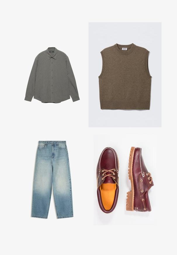 Pull sans manches marron en maille avec un col rond, des bords côtelés et une texture douce ; étiquette indiquant "WEEKDAY".; Chemise boutonnée à manches longues avec un col classique et un petit motif à carreaux dans des nuances de gris et de marron.; Jean bleu clair taille haute à jambes larges avec un délavé, fermeture frontale à boutons, et design à cinq poches.; Chaussures en cuir bourgogne avec semelles en caoutchouc marron, bout rond, couture blanche et œillets dorés. L'intérieur présente une doublure jaune.