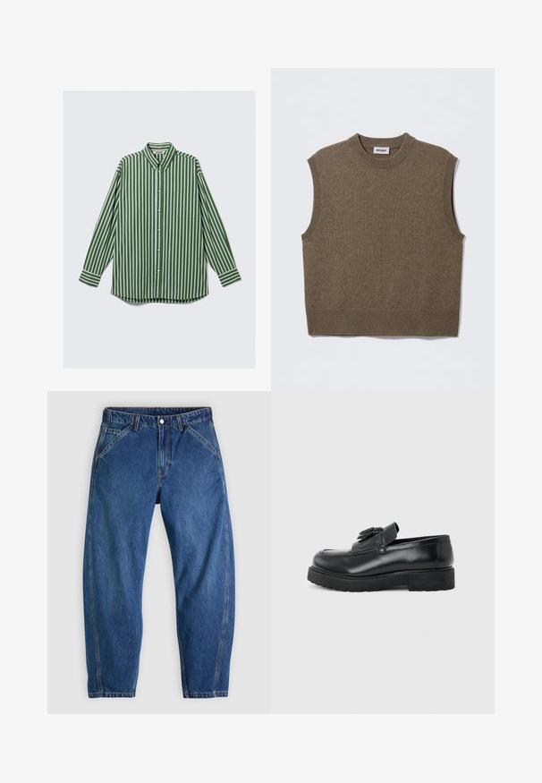 Brun ærmeløs strikket sweater med rund halsudskæring, ribbede kanter og blød tekstur; mærket siger "WEEKDAY".; Herre langærmet skjorte med knapper i lodrett grønne, hvide og brune striber, en forreste brystlomme og en krave, der kan knappes.; Blå denimjeans med afslappet pasform, med knaplukning, fem lommer og kontrasterende orange syninger. Glat tekstur over det hele.; Sort læderloafer med kvaster, tyk gummisål og lav hæl, vist i sideprofil på en ensfarvet baggrund.