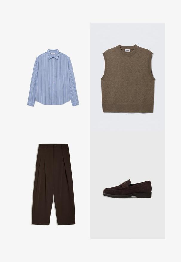 Bruine mouwloze gebreide trui met een ronde halslijn, geribbelde randen en een zachte textuur; het label draagt de tekst "WEEKDAY."; Lange mouwen knoop shirt in lichtblauw met verticale strepen. Voorzien van een puntige kraag en een borstzak. Gemaakt van een gladde stof.; Donkerbruine wijde broek met een hoge taille, voorplooien, riemlussen, knoopsluiting en nette zoomranden.; Bruine suède loafers met een lage profiel en ronde neus. Heeft een decoratieve band over de bovenkant, een platte rubberen zool en geen zichtbare stiksels.