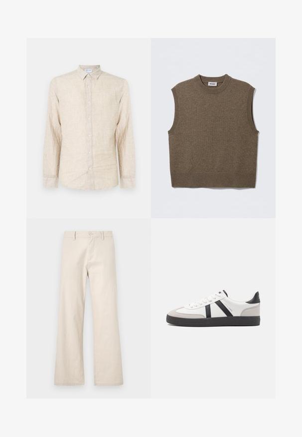 Suéter de punto marrón sin mangas con cuello redondo, bordes acanalados y textura suave; la etiqueta dice "WEEKDAY".; Camisa de manga larga beige hecha de tela texturizada, con un cuello clásico, cierre de botones y un corte relajado.; Pantalones de pierna ancha beige, confeccionados en una tela ligera, con cierre de botón y bolsillos delanteros, con un acabado suave y sin textura.; Zapatilla blanca con acentos en negro y gris, que presenta una puntera texturizada en gris, suela de goma negra y cordones planos blancos. Diseño limpio, estilo minimalista.