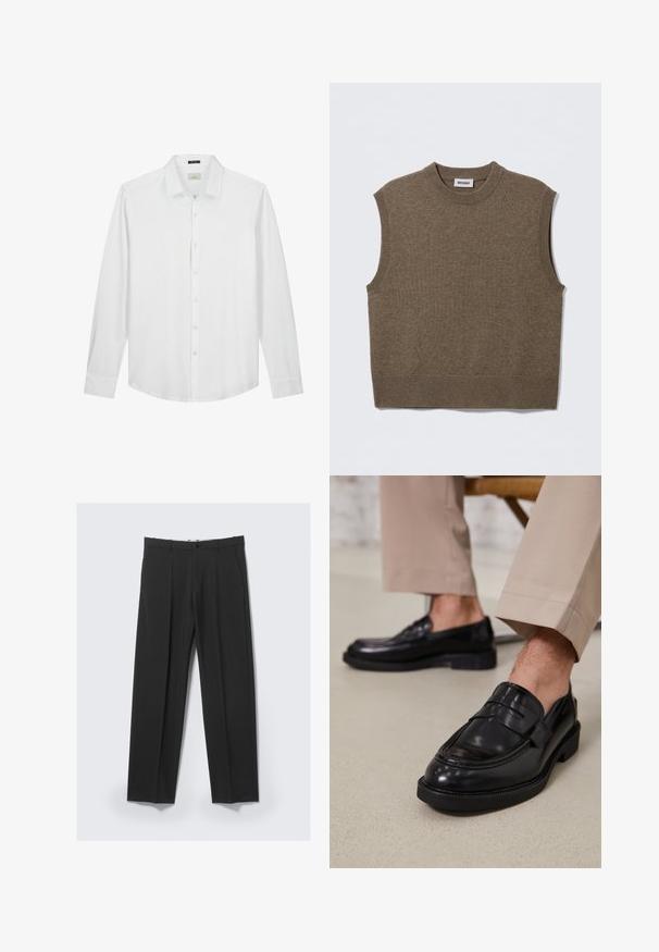 Brun ærmeløs strikket sweater med rund halsudskæring, ribbede kanter og blød tekstur; mærket siger "WEEKDAY".; Hvid langærmet skjorte, knapned krave, blød tekstur, glat stof, diskret logo på brystet og klassisk pasform med buet kant.; Sorte skræddersyede bukser med forreste plisseringer, sidelommer, bæltestropper og knaplukning ved linningen på en lys baggrund.; Sorte lædermokkasiner med en glat overflade, der har en dekorativ rem og kontraststing, parret med beige bukser.
