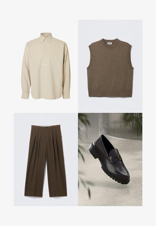 Brun ærmeløs strikket sweater med rund halsudskæring, ribbede kanter og blød tekstur; mærket siger "WEEKDAY".; Beige langærmet skjorte med knapper, spids krave og knappede manchetter, vist mod en ensfarvet hvid baggrund.; Brune bukser med nålestriber og et vidbenet design, der har forreste folder, lukning med knapper og en glat tekstur.; Brune læder loafers med en tekstureret, rippet gummisål. Har et slankt design og et dekorativt bånd over vristen.