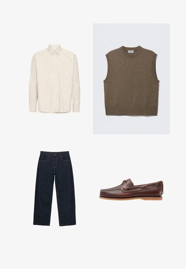 Pull sans manches marron en maille avec un col rond, des bords côtelés et une texture douce ; étiquette indiquant "WEEKDAY".; Chemise beige clair à boutons avec rayures verticales bleu foncé, col pointu, manches longues et une poche poitrine unique. Fabriquée en tissu doux.; Jean large en denim bleu foncé avec surpiqûres orange contrastantes, cinq poches, une fermeture par bouton et une taille mi-haute.; Chaussure bateau en cuir marron avec coutures blanches, détails de lacets et semelle en caoutchouc beige, vue de côté sur fond blanc.