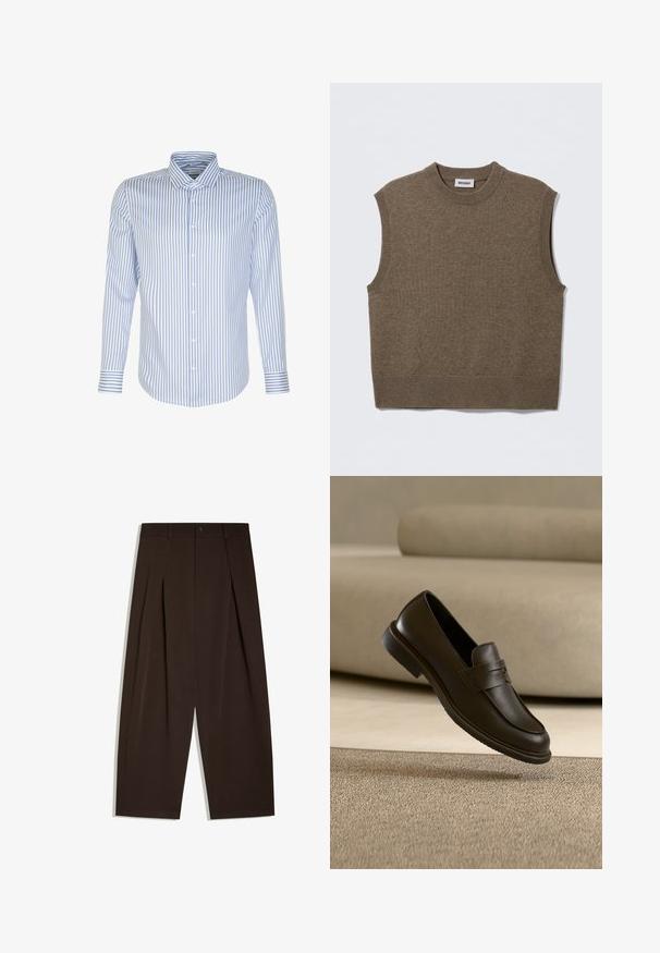 Brun ærmeløs strikket sweater med rund halsudskæring, ribbede kanter og blød tekstur; mærket siger "WEEKDAY".; Herreskjorte med lange ærmer, lyseblå og hvide striber, knaplukning foran, klassisk krave, bomuldsstof, glat tekstur, buet kant.; Højtaljede mørkebrune viddebukser med forkantsfolder, bæltestropper, knaplukning og rene kantede kanter.; En enkelt mørkebrun læderloafer svæver over et beige, tekstureret tæppe, med en sløret beige sofa i baggrunden.