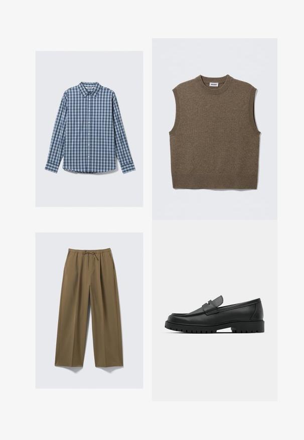 Pull sans manches marron en maille avec un col rond, des bords côtelés et une texture douce ; étiquette indiquant "WEEKDAY".; Chemise à manches longues à carreaux bleus et blancs avec col, boutonnage et manches à poignets. Tissu en coton avec une texture lisse.; Pantalons larges en vert olive, en tissu doux avec une taille élastique et un cordon de serrage ajustable. Comprend deux poches latérales.; Mocassins en cuir noir à bout arrondi, avec un design cousu, une semelle plateforme basse et une semelle en caoutchouc texturée et crantée.