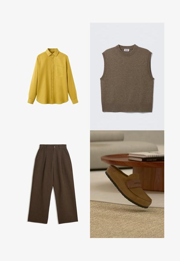Pull sans manches marron en maille avec un col rond, des bords côtelés et une texture douce ; étiquette indiquant "WEEKDAY".; Chemise jaune à boutons avec manches longues, col, une poche poitrine unique et un ourlet droit, fabriquée en tissu lisse et texturé.; Pantalons plissés marron au design large, avec une fermeture à bouton et des poches latérales, en tissu texturé adapté à une tenue décontractée.; Mocassin marron en suède avec semelle noire flottant au-dessus d'un tapis beige tissé, table ronde en bois avec des livres empilés et canapé gris clair en arrière-plan.