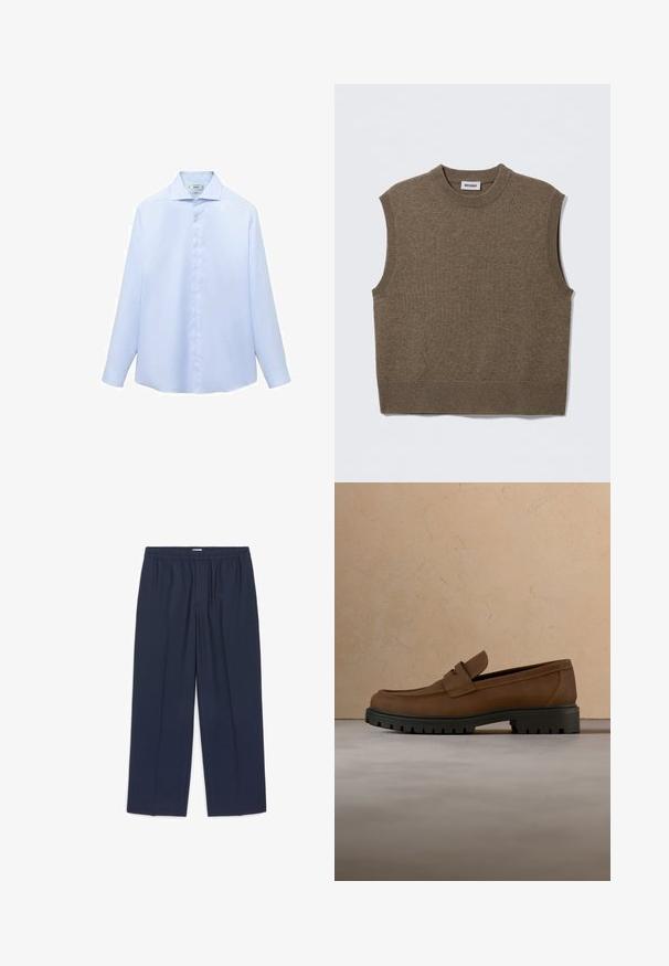 Suéter de punto marrón sin mangas con cuello redondo, bordes acanalados y textura suave; la etiqueta dice "WEEKDAY".; Camisa de manga larga azul clara en un tejido suave, con cuello puntiagudo y botonera completa con botones blancos. Sin estampados ni acentos.; Pantalones azul marino de pierna recta con cinturilla elástica y sin bolsillos visibles, colocados planos sobre un fondo blanco.; Mocasín de cuero marrón oscuro con suela gruesa de goma negra, mostrado sobre una alfombra beige y fondo de sofá.