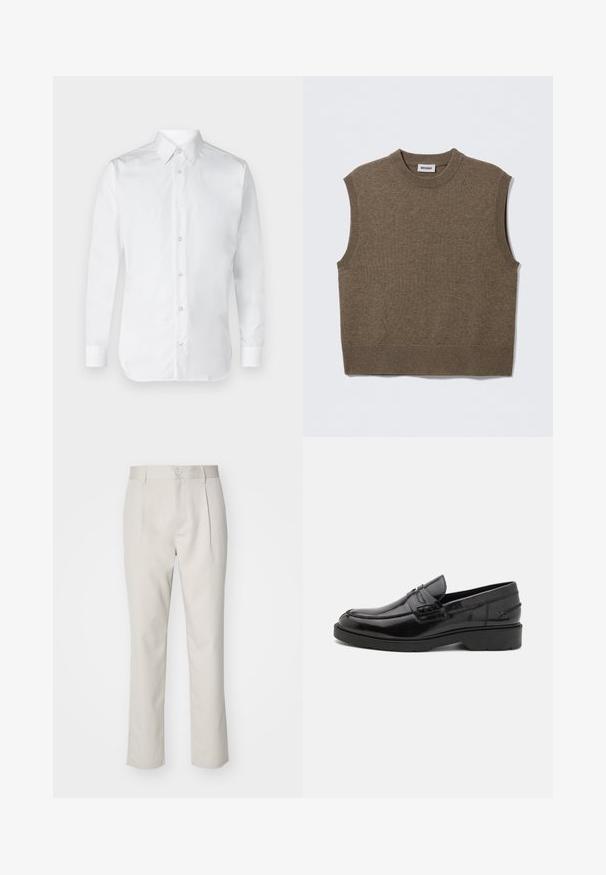 Brun ærmeløs strikket sweater med rund halsudskæring, ribbede kanter og blød tekstur; mærket siger "WEEKDAY".; Hvid skjorte med lange ærmer, lavet af glat bomuldsstof, med en klassisk krave og subtil glans. Fem knapper foran.; Beige bukser lavet af vævet stof, med lige ben, forklaringer foran, bæltestropper og en enkelt knaplukning i taljen.; Sorte læder loafers med en glat finish, rund tå, lav hæl og dekorativ syning langs forsiden. Gummisål for godt greb.