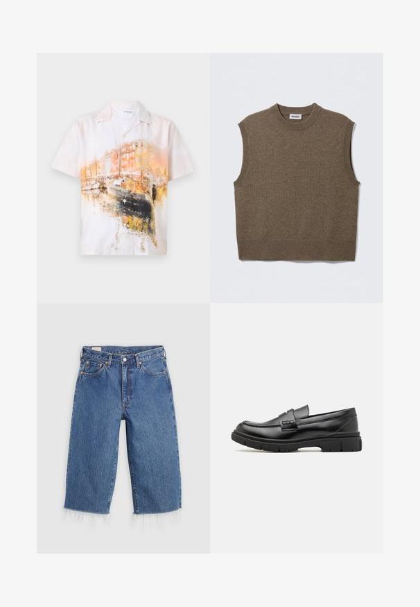 Bruine mouwloze gebreide trui met een ronde halslijn, geribbelde randen en een zachte textuur; het label draagt de tekst "WEEKDAY."; Korte mouw knoopshirt met een abstract aquarelprint in zachte wittinten, oranje en zwart; gemaakt van lichtgewicht stof.; Blauwe denim broek met een losse pasvorm, cropped lengte en een rafelige zoom. Heeft vijf zakken en een knoopsluiting bij de taille.; Zwarte leren instapper met een brede band over de voet, rubberen zool met dikke noppen en een gladde textuur. Klassiek, strak ontwerp.