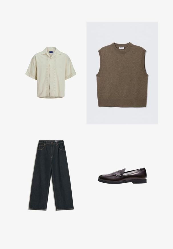 Brun ærmeløs strikket sweater med rund halsudskæring, ribbede kanter og blød tekstur; mærket siger "WEEKDAY".; Kortærmet skjorte i beige linned med knaplukning foran, med øje-detail langs center og ærmekanter. Lige kant.; Mørkeblå jeans med brede ben, forrest med knapper, lynlås og femlommedesign, med synlige gule syninger.; Mørkebrun læderloafer med lav hæl, syninger på tåen og en dekorativ rem over vristen.