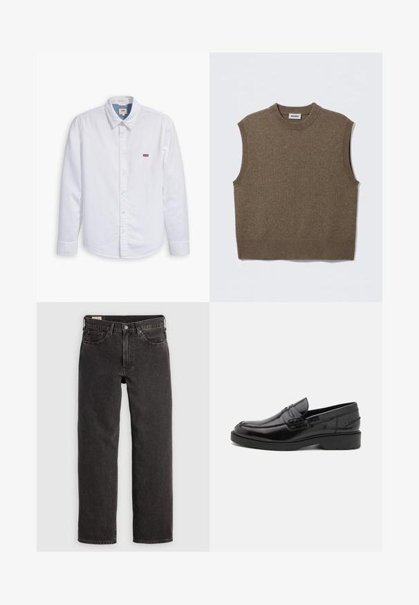 Suéter de punto marrón sin mangas con cuello redondo, bordes acanalados y textura suave; la etiqueta dice "WEEKDAY".; Camisa de botón de manga larga blanca hecha de algodón. Presenta un cuello puntiagudo y un pequeño logo rojo de Levi's en el pecho izquierdo. Textura suave.; Jeans de mezclilla negra con un diseño de pierna recta, cinco bolsillos y herrajes metálicos. La tela tiene una ligera textura y un acabado de color sólido.; Mocasines de cuero negro con un acabado suave, punta redondeada, tacón bajo y costura decorativa en la parte delantera. Suela de goma para mayor agarre.