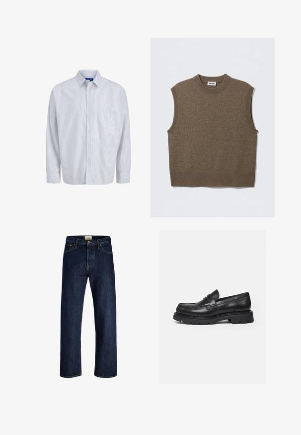 Pull sans manches marron en maille avec un col rond, des bords côtelés et une texture douce ; étiquette indiquant "WEEKDAY".; Chemise blanche à manches longues, à boutons, avec de fines rayures verticales rouges, une poche poitrine, un col et des poignets boutons.; Jeans en denim bleu foncé à jambes droites avec bouton frontal, fermeture éclair et design à cinq poches, présentés à plat sur un fond blanc.; Mocassin en cuir noir avec semelle épaisse crantée et détail de bride penny, présenté en profil droit sur fond blanc.
