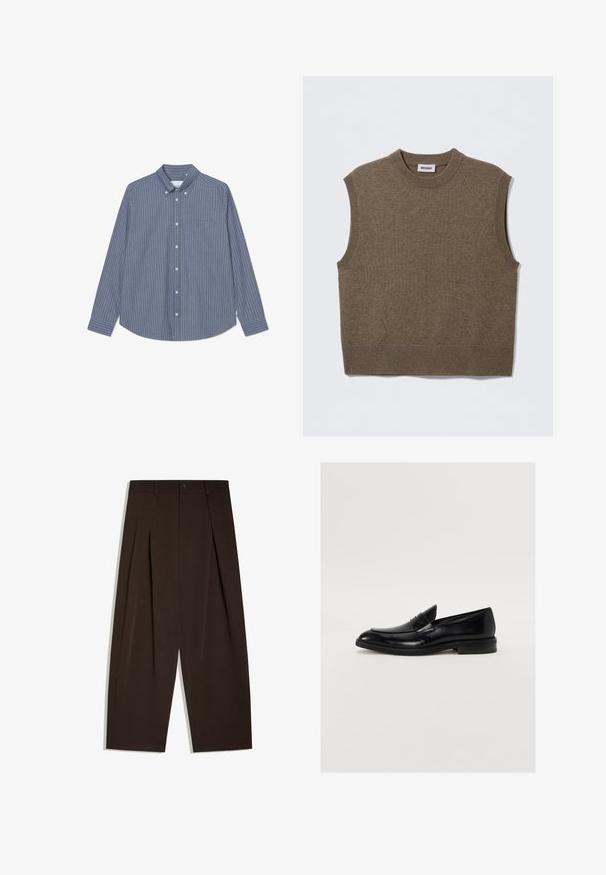 Brun ærmeløs strikket sweater med rund halsudskæring, ribbede kanter og blød tekstur; mærket siger "WEEKDAY".; Button-up skjorte i blå og grå lodrette striber, lange ærmer, krave, enkelt brystlomme, lavet af blødt stof med en glat tekstur.; Højtaljede mørkebrune viddebukser med forkantsfolder, bæltestropper, knaplukning og rene kantede kanter.; Sorte læder loafers med rund tå, subtil syning og en glat overflade. Har en lav stablet hæl og en strop over vamsen.