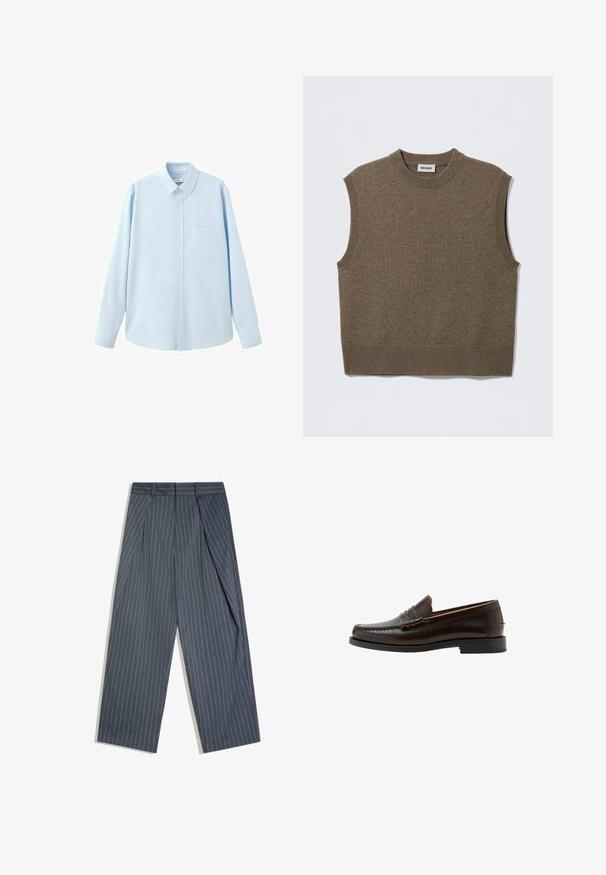 Pull sans manches marron en maille avec un col rond, des bords côtelés et une texture douce ; étiquette indiquant "WEEKDAY".; Chemise bleu clair à manches longues avec boutons, col pointu et poche poitrine, présentée sur fond blanc.; Pantalon large gris foncé à fines rayures avec plis, passants de ceinture, poches avant et taille cintrée.; Mocassin penny en cuir marron foncé avec bout moc cousu, talon bas et finition lisse, présenté de profil sur fond blanc.