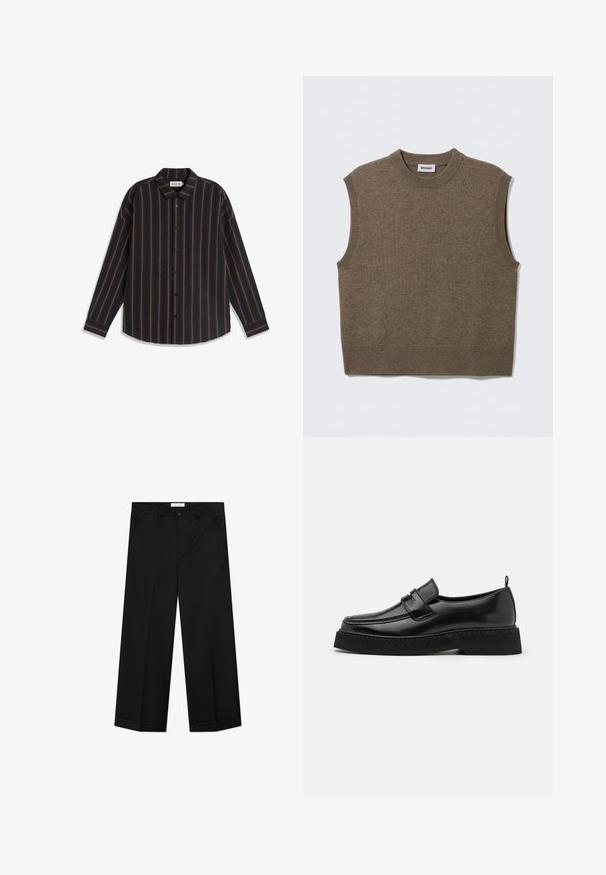 Pull sans manches marron en maille avec un col rond, des bords côtelés et une texture douce ; étiquette indiquant "WEEKDAY".; Chemise noire à manches longues à boutons avec rayures verticales orange et col pointu, étalée à plat sur un fond blanc.; Pantalon noir à jambes larges en tissu lisse, doté de poches avant, d'une fermeture par bouton et d'un pli marqué sur chaque jambe.; Chaussures en cuir noir de style mocassin avec une semelle plate et texturée, présentant un bout piqué et une sangle traversant le cou-de-pied.