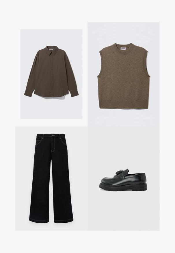 Pull sans manches marron en maille avec un col rond, des bords côtelés et une texture douce ; étiquette indiquant "WEEKDAY".; Chemise à carreaux marron avec boutons, col, manches longues et coupe droite. Confectionnée dans un tissu léger avec une texture douce.; Pantalons larges noirs en denim, dotés d'une fermeture à boutons, de cinq poches et de coutures blanches contrastantes le long des coutures.; Mocassin en cuir noir avec pampilles, semelle épaisse en caoutchouc et talon bas, présenté de profil sur un fond uni.