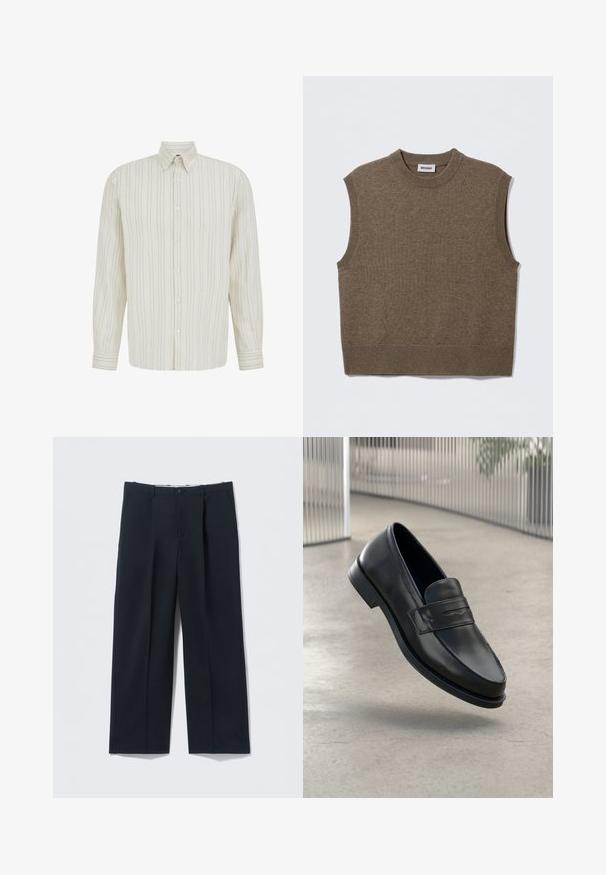 Pull sans manches marron en maille avec un col rond, des bords côtelés et une texture douce ; étiquette indiquant "WEEKDAY".; Chemise crème à manches longues avec de fines rayures noires verticales, boutonnée à l'avant, col pointu et poignets boutonnés.; Pantalon bleu marine foncé en tissu lisse, avec une coupe ajustée, deux poches avant et une fermeture par bouton.; Mocassin en cuir noir à texture lisse, bout pointu et bande décorative sur le cou-de-pied. Semelle légère, design minimaliste.