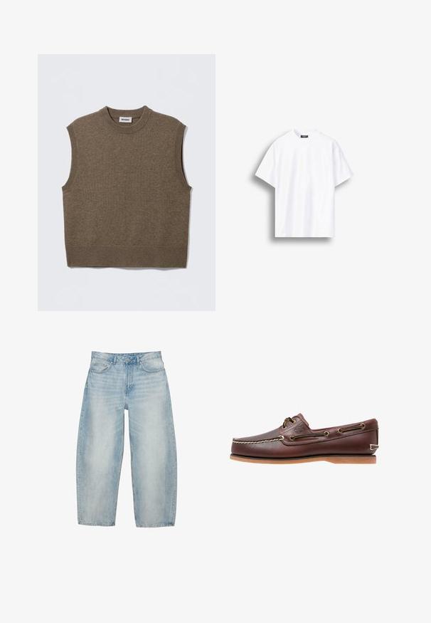 Pull sans manches marron en maille avec un col rond, des bords côtelés et une texture douce ; étiquette indiquant "WEEKDAY".; T-shirt blanc uni à manches courtes et col rond avec une coupe ample, présenté sur un fond blanc avec une ombre sur le côté gauche.; Jean en denim bleu clair à jambes larges avec poches avant, passants pour ceinture et fermeture par bouton.; Chaussure bateau en cuir marron avec coutures blanches, détails de lacets et semelle en caoutchouc beige, vue de côté sur fond blanc.