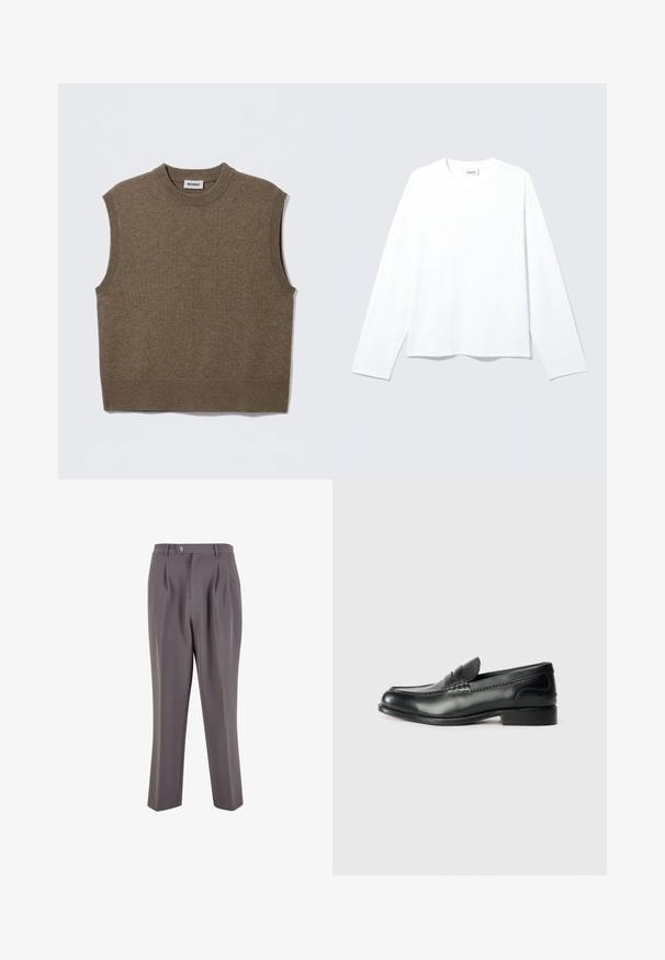 Brun ærmeløs strikket sweater med rund halsudskæring, ribbede kanter og blød tekstur; mærket siger "WEEKDAY".; Almindelig hvid langærmet T-shirt med rund hals og løs pasform samt synligt mærke ved kraven, lagt fladt på en lys baggrund.; Grå plisserede bukser lavet af glat stof, med lige ben-design, en enkelt knaplukning og skrå sidelommer.; Sorte læder loafers med en glat overflade, syede detaljer over vamps og en let hævet hæl.