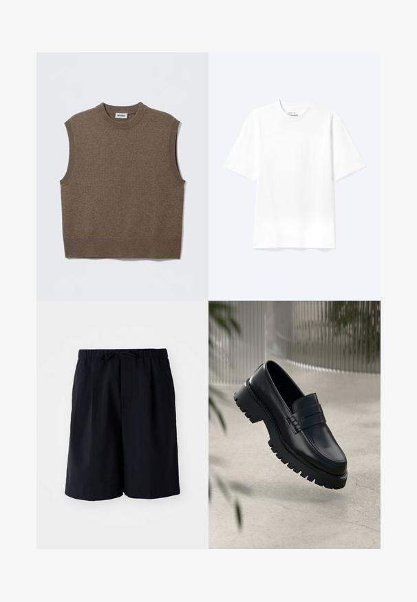 Pull sans manches marron en maille avec un col rond, des bords côtelés et une texture douce ; étiquette indiquant "WEEKDAY".; T-shirt blanc uni à manches courtes et col rond avec une coupe décontractée, présenté sur un fond clair.; Shorts bleu marine en tissu léger, dotés d'une taille élastique avec cordon de serrage et de deux poches latérales, coupe droite.; Mocassins en cuir noir avec une semelle à crampons épaisse, dotés d'une sangle décorative et de détails de couture. Texture lisse avec une finition polie.