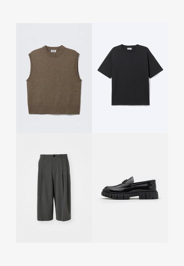 Suéter de punto marrón sin mangas con cuello redondo, bordes acanalados y textura suave; la etiqueta dice "WEEKDAY".; Camiseta negra de manga corta con cuello redondo, ajuste relajado, vista frontal, diseño sencillo y etiqueta visible de la marca Weekday en el interior del cuello.; Pantalones cortos de pierna ancha a rayas grises con cierre de botón y parte delantera plisada. Hechos de una tela texturizada, con un diseño a medida.; Mocasines de cuero negro con suelas de goma gruesas y estriadas. Presentan una puntera redondeada y una correa decorativa con un acento de logo. Textura lisa.