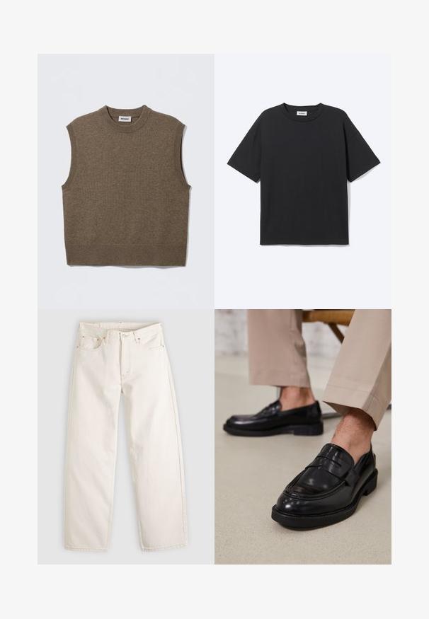 Brown sleeveless knit sweater with a round neckline, ribbed edges, and a soft texture; label reads "WEEKDAY."; Black short-sleeve crewneck T-shirt with relaxed fit, front view, plain design, and visible weekday brand label inside collar.; Off-white straight-leg jeans with five pockets, belt loops, button closure, and visible stitching on a light background.; Black leather loafers with a smooth finish, featuring a decorative strap and contrast stitching, paired with beige trousers.