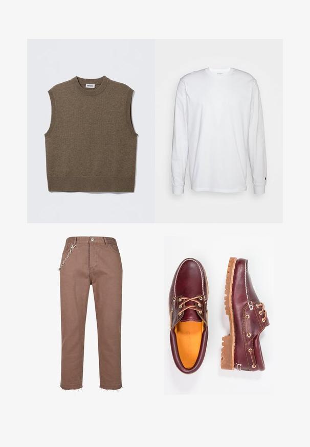 Brun ærmeløs strikket sweater med rund halsudskæring, ribbede kanter og blød tekstur; mærket siger "WEEKDAY".; Hvid langærmet T-shirt lavet af bomuld. Rund halsudskæring med ribbede manchetter og et lille logo på venstre ærme. Glat tekstur.; Brune denimbukser med et lige ben-design, der har frynset kanter og en sølvkæde som accent, der er fastgjort til taljebåndet.; Bordeaux lædersko med brune gummisåler, rund tå, hvid syning og gyldne snøringer. Indersiden har et gult for.