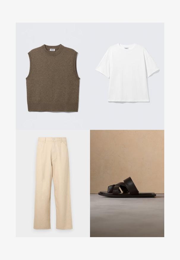 Suéter de punto marrón sin mangas con cuello redondo, bordes acanalados y textura suave; la etiqueta dice "WEEKDAY".; Camiseta blanca de gran tamaño con mangas cortas, cuello redondo y hombros caídos, plana sobre fondo gris claro.; Pantalones de mezcla de denim beige de pierna ancha con un acabado texturizado, que cuentan con un cierre frontal de botones y un diseño clásico de cinco bolsillos.; Sandalia deslizante de cuero negro con tres tiras cruzadas, suela plana y textura suave, suspendida sobre una alfombra de fibra natural tejida.