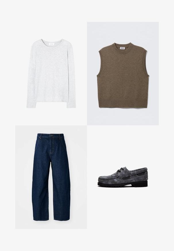 Brauner, ärmelloser Strickpullover mit rundem Ausschnitt, gerippten Kanten und weicher Textur; Etikett trägt die Aufschrift "WEEKDAY."; Helles graues Langarmshirt aus weichem Stoff. Verfügt über einen runden Halsausschnitt und eine leicht lockere Passform mit seitlichen Schlitzen am Saum.; Hellebeine Jeans aus dunklem Denim mit hoher Taille, fünf Taschen, vorderem Knopfverschluss und sichtbaren Nähten.; Grauer Wildleder-Bootsschuh mit schwarzen Schnürsenkeln, genähtem Moc-Toe-Design und dicker schwarzer Profilsohle, seitlich auf weißem Hintergrund gesehen.