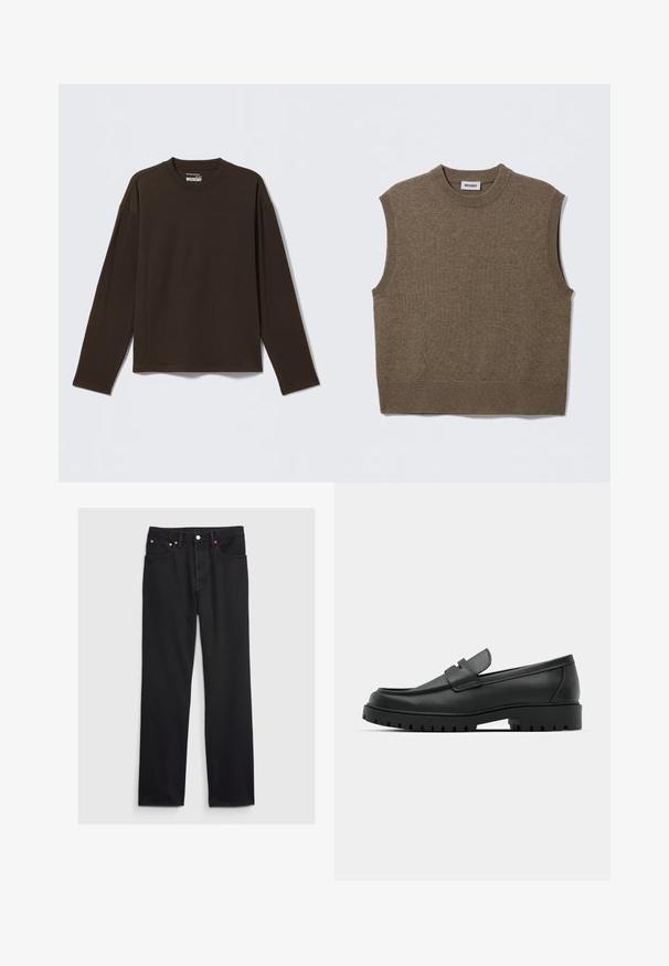 Brun ærmeløs strikket sweater med rund halsudskæring, ribbede kanter og blød tekstur; mærket siger "WEEKDAY".; Mørkebrun langærmet trøje med rund hals og lige kant, lagt fladt på en lysegrå baggrund.; GAP 90S LOOSE - Loose-jeans - black; Sorte læder loafers med rund tå, der har et syet design, lav platformssål og en struktureret, skridsikker gummisål.