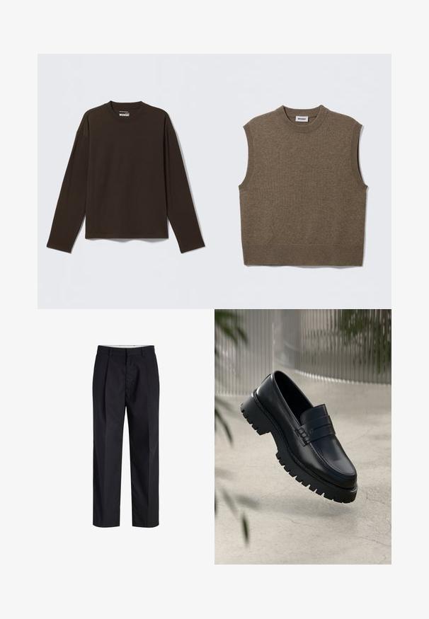 Bruine mouwloze gebreide trui met een ronde halslijn, geribbelde randen en een zachte textuur; het label draagt de tekst "WEEKDAY."; Donkerbruine longsleeve met ronde hals en rechte zoom, plat gelegd op een lichtgrijze achtergrond.; Zwarte broek met rechte pijpen, voorzien van een tailleband, riemlussen, een ritssluiting aan de voorkant en zijzakken, afgebeeld op een witte achtergrond.; Zwarte leren instappers met een chunky loopzool, voorzien van een decoratieve band en stikseldetails. Gladde textuur met een gepolijste afwerking.