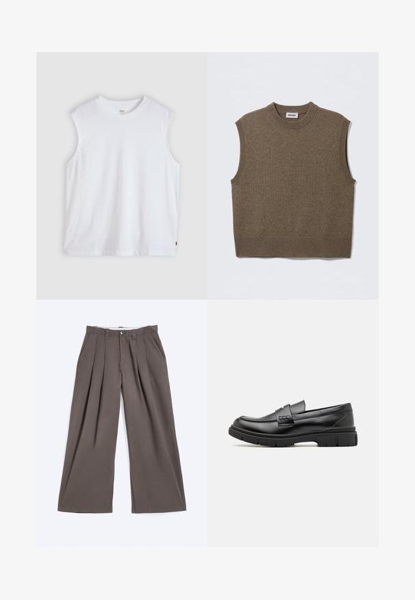Pull sans manches marron en maille avec un col rond, des bords côtelés et une texture douce ; étiquette indiquant "WEEKDAY".; T-shirt blanc sans manches à col rond avec une petite étiquette logo Levi's sur la couture latérale, présenté sur un fond clair uni.; Pantalon marron à jambes larges avec plis, passants de ceinture, fermeture par bouton et poches latérales, posé à plat sur un fond blanc.; Mocassin en cuir noir avec une large sangle sur le devant, semelle en caoutchouc à épaisse rainure, et texture lisse. Design classique et élégant.