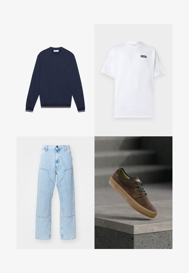Pier One Sweatshirt - sky captain; Hvid kortærmet bomulds-T-shirt med et lille sort-hvidt Columbia Sportswear-logo på venstre bryst.; Lyseblå, lige ben denim jeans med store forlommer og kontraststing. Stoffet har en lysnet, blød tekstur.; Brun ruskind og lærreds casual sneaker med tan gummisål, snørebånd og perforeret tå, placeret over en betonafdækning.
